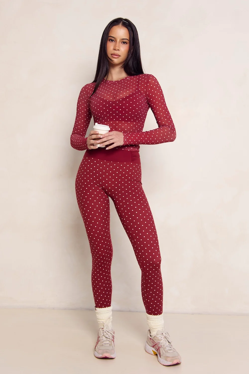 Astoria Mesh Long Sleeve Top - Merlot Polka - Image 4